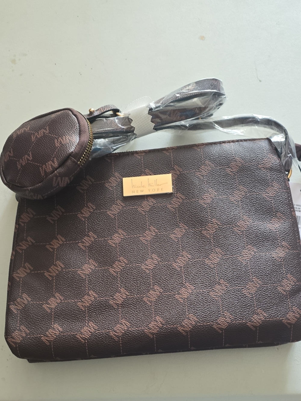 Nicole Miller Brown Patterned Messenger Bag with Coin Pouch